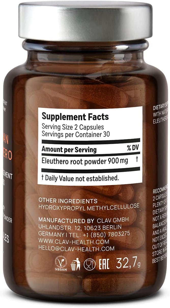 CLAV® Siberian Ginseng - 900mg Eleuthero Root Powder - Energy Supplement - Reduction of Tiredness & Fatigue - 60 Ginseng Capsules - Made in Germany