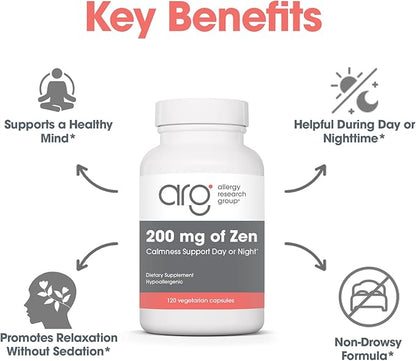 Allergy Research Group 200mg of Zen Supplement - GABA, L-Theanine, Calmness Support, Day or Night, Hypoallergenic, Vegetarian Capsules - 120 Count