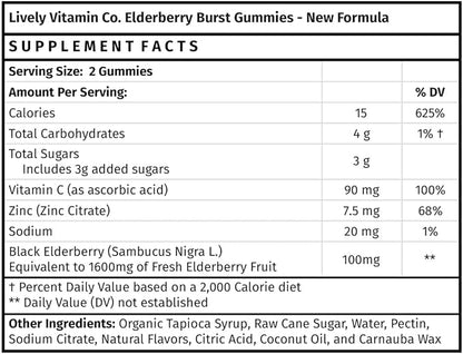 LIVELY VITAMIN CO. Elderberry Burst Gummies for Kids & Adults - Boosts Immune Health - Helps Avoid Colds & Illness - Black Elderberry, Vitamin C & Zinc - 3 Grams of Sugar - No Gelatin - 60 Gummies