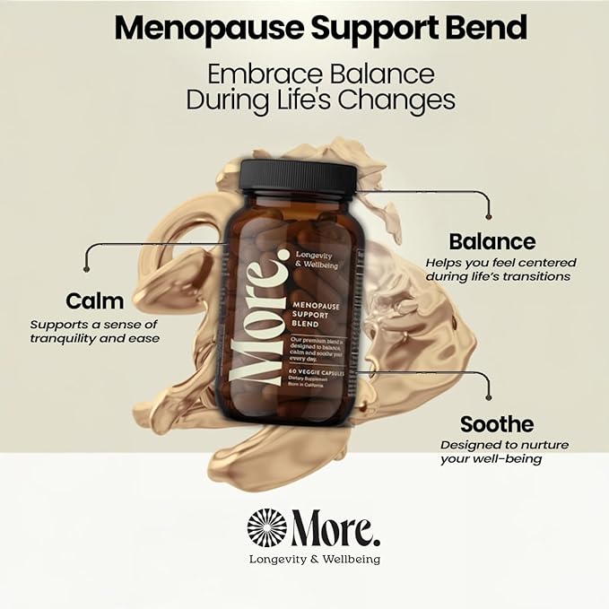 More. Longevity & Wellbeing Menopause Support – Potent Extract-Based Formula for Night Sweats, hot Flashes, and Balance. Hormone Free. No fillers. Third-Party Tested. 60 Capsules.