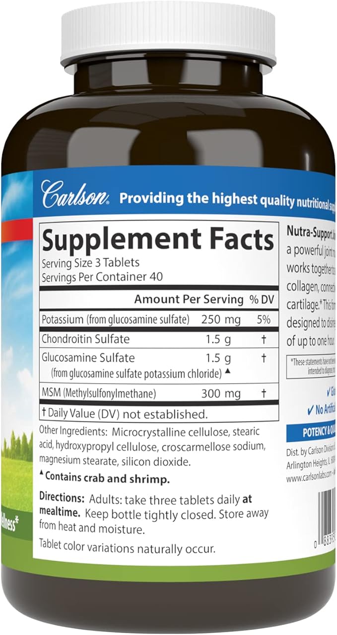 Carlson - Nutra-Support, Glucosamine Chondroitin & MSM, Joint Function, Cartilage Support & Optimal Wellness, 120 tablets