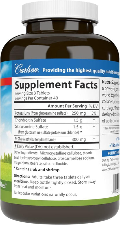 Carlson - Nutra-Support, Glucosamine Chondroitin & MSM, Joint Function, Cartilage Support & Optimal Wellness, 120 tablets