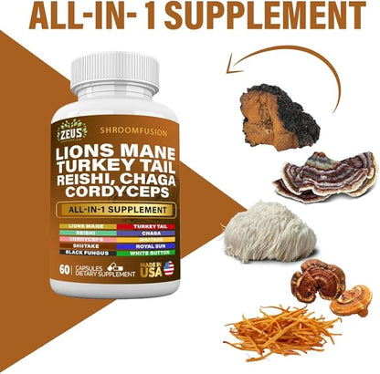 Lions Mane 300mg Turkey Tail 2000mg Cordyceps Chaga 1000mg Reishi 1000mg Maitake Meshima Poria Cocos Shiitake Oyster Porcini Enoki Mushroom Supplement (60Ct)