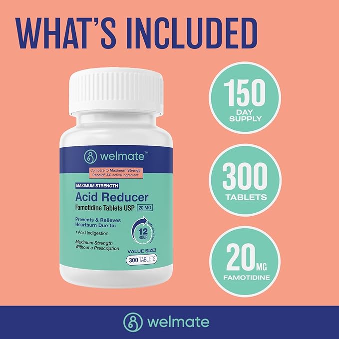 WELMATE - Famotidine Acid Reducer, 20mg - Maximum Strength - Heartburn Relief - Acid Indigestion - Stomach Relief - Works in 15 Minutes, 12 Hour Relief - Generic Medication - Value Size - 300 Tablets