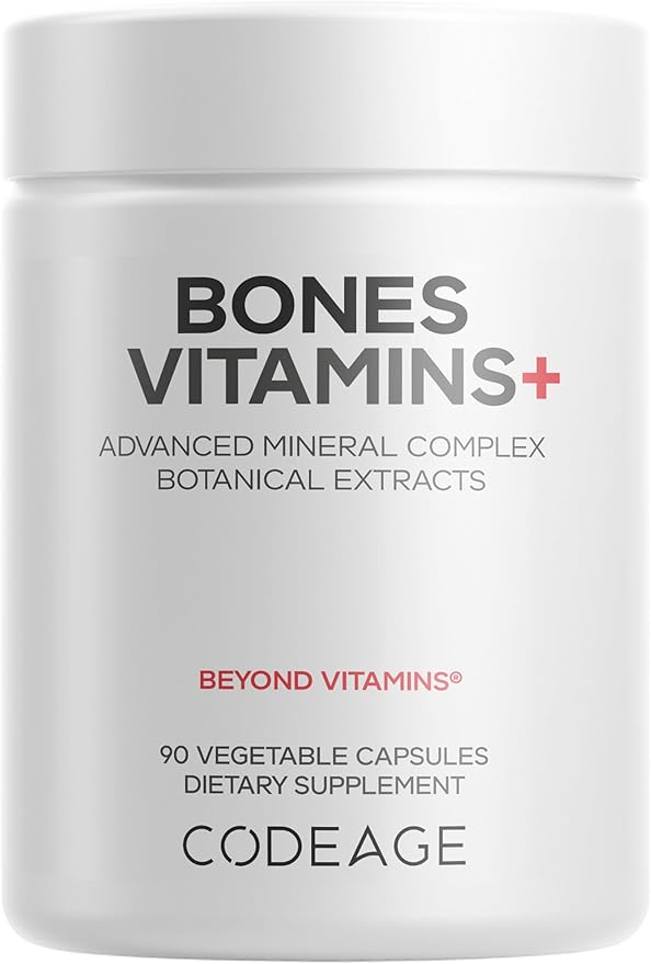 Codeage Bones Vitamins+ - Vitamin D3 & K2, Vitamin C, Calcium, Magnesium, Zinc, Hesperidin, L-Lysine, Manganese, Bamboo, Horsetail, Cissus, Boron, Trans-Resveratrol, Non-GMO Supplement - 90 Capsules