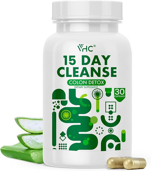 VHC 15 Day Cleanse,Colon Detox and Gut Health for Women and Men,Detox Supplement with Strength Senna Leaf,Cascara Sagrada & Psyllium Husk,Made in USA,Vegan, Non-GMO Ingredients,30 Capsule