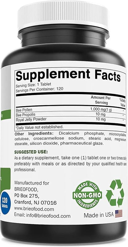 Brieofood Bee Pollen Complex 1000 mg 120 Tablets - Made with Bee Pollen, Bee Propolis, & Royal Jelly Powder