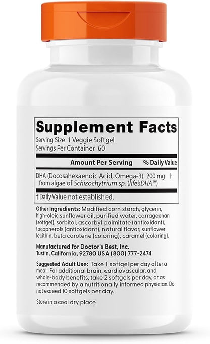 Doctors Best Vegan DHA from Algae, Supports Brain & Cardiovascular Health, Non-GMO, Gluten Free, Soy Free, Vegan 60 Veggie Softgels