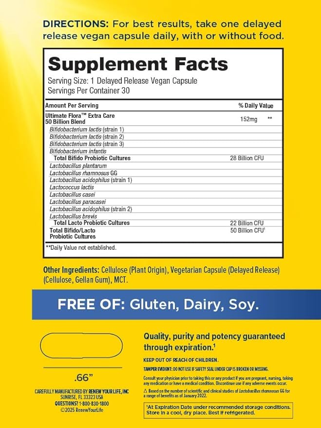 Ultimate Flora Probiotics 50 Billion CFU Delayed Release Vegan Capsules | Extra Care | Digestive Health | Immune Health | Dairy Free | 30 Count