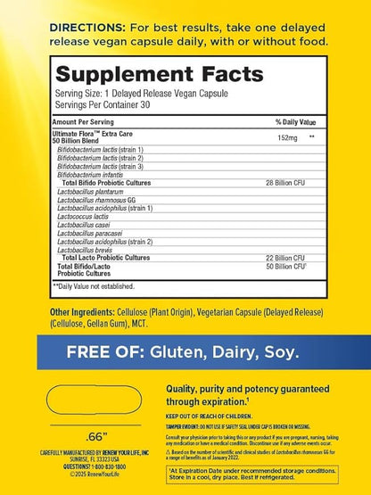 Ultimate Flora Probiotics 50 Billion CFU Delayed Release Vegan Capsules | Extra Care | Digestive Health | Immune Health | Dairy Free | 30 Count