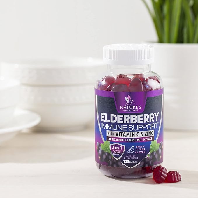 Immune Support Gummies - Sambucus Elderberry Gummy with Elder Berry Extract, Zinc & Vitamin C, Natural Vegan Immune Support Supplement for Adults & Children, Gummy Elderberry Vitamins - 120 Gummies