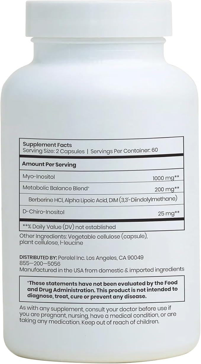 Perelel Hormone Balance Support, Womens Inositol Supplement with Berberine, Myo & D Chiro Inositol, Alpha Lipoic Acid, & Dim to Support Female Health, Soy, Dairy & Gluten Free, Non GMO, 120 Capsules