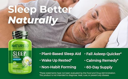 NATURELO Sleep Aid - with Melatonin, Magnesium, GABA, Valerian Root, Lemon Balm, Chamomile Herbal Extracts - Plant-Based Sleeping Aid - 60 Vegan Capsules (Pack of 2)