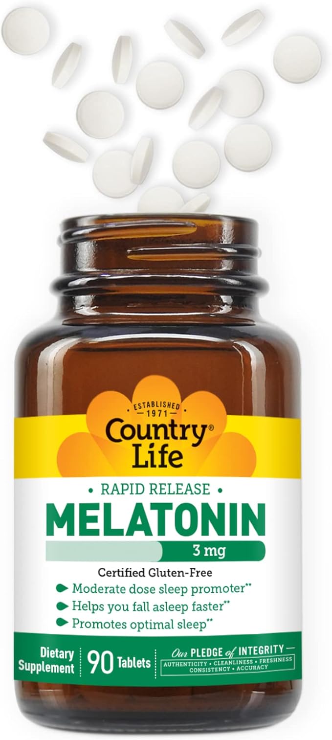 Country Life Melatonin Sleep Aid 3mg - Non-GMO, Gluten-Free, Vegan - Rapid-Release, Fast Dissolve Tablets for Optimal Sleep - No Yeast, Corn, Wheat, Soy - Pure, Authentic Ingredients
