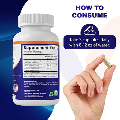 Vitamatic Tongkat Ali Extract 200 :1 Extract for Men (Longjack) Eurycoma Longifolia - 1800 mg Per Serving - Made with Fadogia Agrestis 20:1 Extract, Tribulus 95% & Panax Ginseng - 180 Capsules
