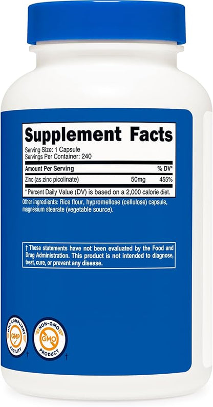 Nutricost Zinc Picolinate 50mg, 240 Vegetarian Capsules - Gluten Free and Non-GMO (240 Caps)