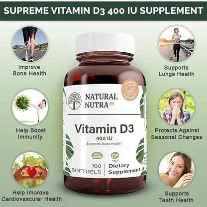 Natural Nutra Supreme Vitamin D3 400 IU Softgels, Helps Boost Immune, Support Lungs Health, Sunshine Vitamin, Helps Improve Cardiovascular Health, Bone and Teeth Strength, Gluten-Free, 100 Softgels