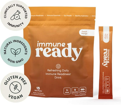 Immune Ready™ Immunity Boost Drink Mix with Vitamin C, D3, Zinc Picolinate, Inulin, Beta Glucan & Electrolytes - Delicious & Refreshing Sugar-Free Immune Booster - Peach-Mango Flavored - 15 Servings