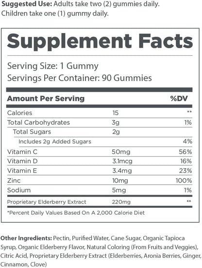 Extra Strength Elderberry Gummies + Aronia Berries with Vitamins C, D,E and Zinc for All-Natural Immune Support, No Artificial Ingredients (60 Count)
