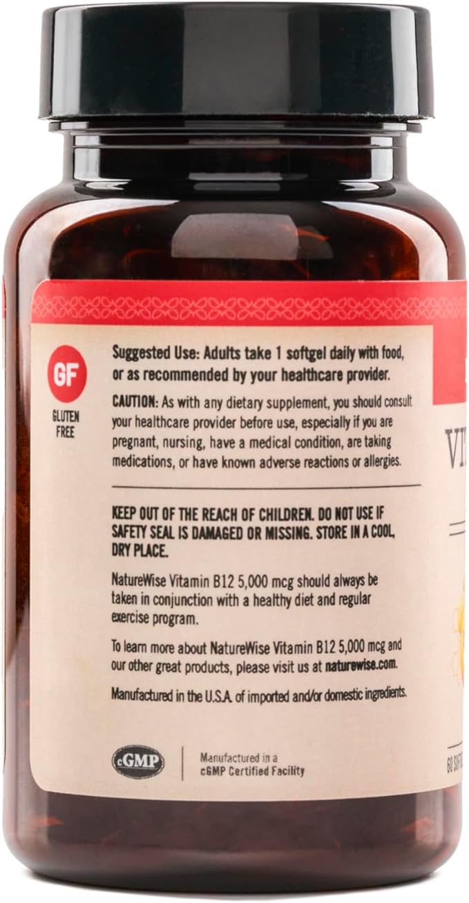 NatureWise Vitamin B12 5000 mcg - Extra Strength - Supplement for Supporting Energy Levels, Mental Clarity, Nervous System Health - Easy-to-Swallow, Soy and Gluten-Free, Non-GMO - 60 Softgels