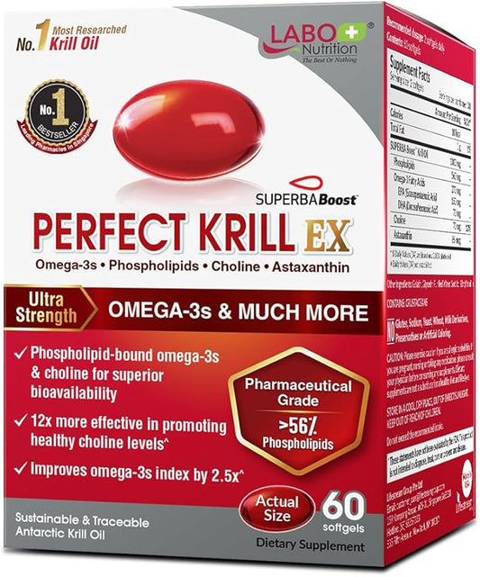 LABO Nutrition Perfect Krill EX, 1000mg Antarctic Krill Oil Omega 3 EPA DHA, Highest Phospholipids (Over 56%) with Choline, Astaxanthin | Heart Brain Eye Joint Health, Made in USA, 60 softgels