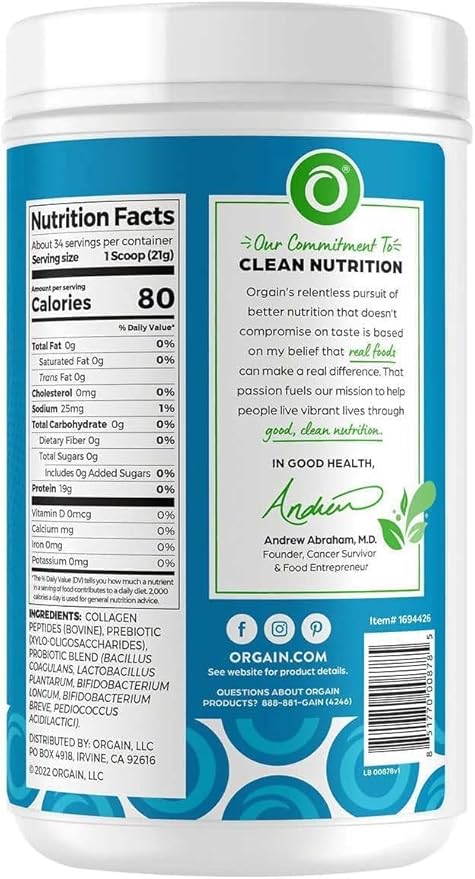 Or-gain Collagen Peptides + Probiotics, Unflavored, 1.6 lbs | 34 Servings | 20g Grass-Fed Collagen Peptides | 19g Protein 0g Sugar, 0g Carbs