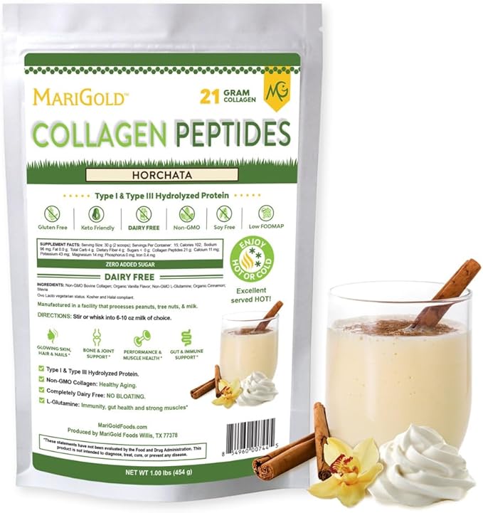 MariGold Grass-fed Collagen Peptides Protein - Horchata 1LB - 100% Pure, Type I & III Hydrolyzed Bovine Collagen, Non-GMO, Hormone Free, Dairy Free, Keto-Friendly, Healthy Joints and Skin