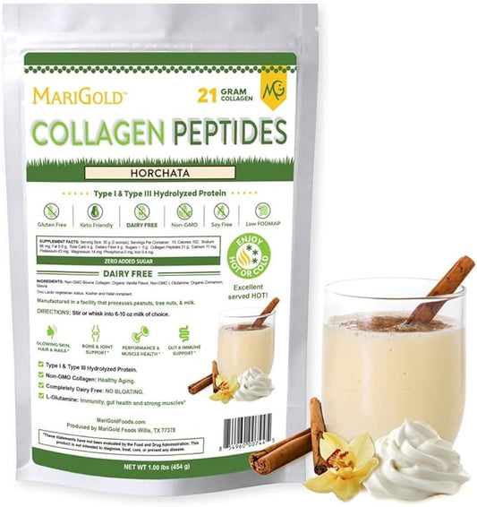 MariGold Grass-fed Collagen Peptides Protein - Horchata 1LB - 100% Pure, Type I & III Hydrolyzed Bovine Collagen, Non-GMO, Hormone Free, Dairy Free, Keto-Friendly, Healthy Joints and Skin