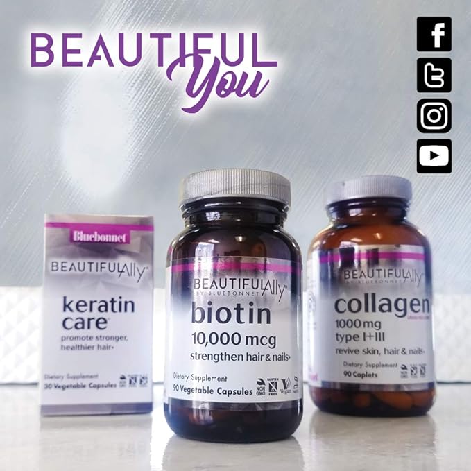 Bluebonnet Nutrition Beautiful Ally Biotin 10,000 mcg, Strengthen Hair & Nails*, Non-GMO, Vegan, Kosher Certified, Gluten-Free, Soy-Free, 90 Vegetable Capsules, 90 Servings