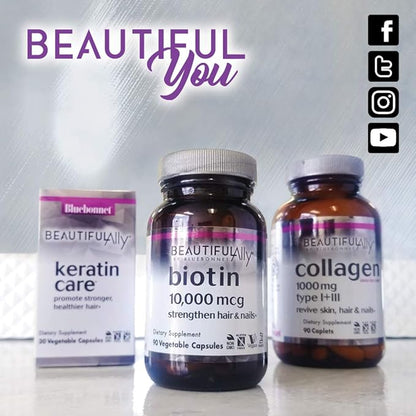 Bluebonnet Nutrition Beautiful Ally Biotin 10,000 mcg, Strengthen Hair & Nails*, Non-GMO, Vegan, Kosher Certified, Gluten-Free, Soy-Free, 90 Vegetable Capsules, 90 Servings