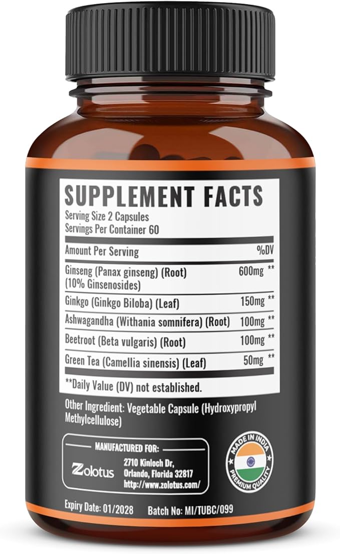 Zolotus Korean Red Panax Ginseng + Ginkgo Biloba, Ashwagandha, Beetroot, Green Tea - 120 Capsules (Pack of 2)