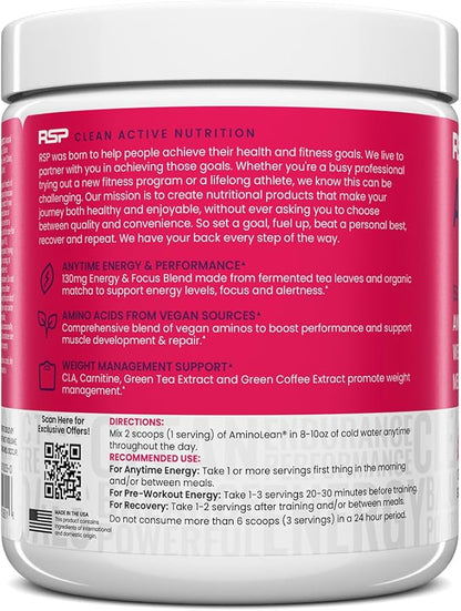 RSP NUTRITION AminoLean Pre Workout Powder, Amino Energy & Weight Management with Vegan BCAA Amino Acids, Natural Caffeine, Preworkout Boost for Men & Women, 30 Serv