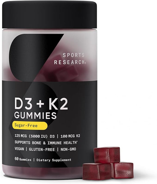Sports Research® Vegan Vitamin D3 + K2 Gummy Supplements - 5000iu Vitamin D with 100mcg Mk7 Vitamin K - Supports Calcium for Stronger Bones & Immune Health - 60 Gummies for Adults, for Women, 1 Month