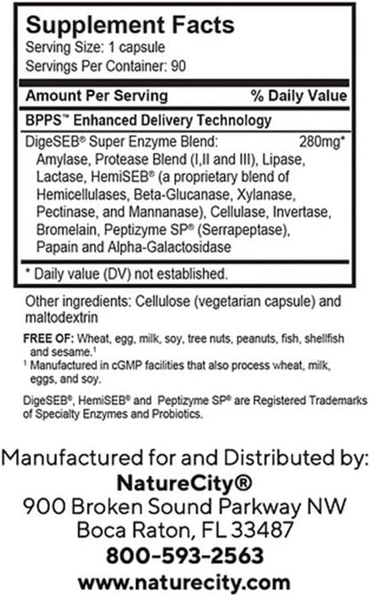 NatureCity True-EZ-D Non-GMO Digestive Enzyme Complex Supplement for Digestive Health and Bloating Relief for Men and Women (90 Veggie Capsules) Super Enzymes