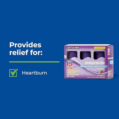 Rite Aid Acid Reducer Omeprazole Delayed Release Tablets - 20 mg, 3 Bottles, 14 Count Each (42 Count Total), Unflavored, Heartburn Relief, Heartburn Medicine, Treats Frequent Heartburn
