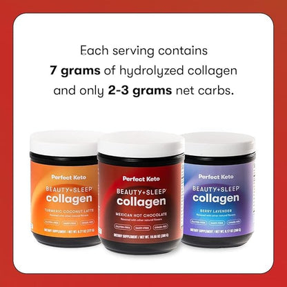 Perfect Keto Beauty + Sleep Grass Fed Collagen Peptides Protein Powder with Ashwagandha, Magnesium, Biotin, Hyaluronic Acid, L Theanine, Hair, Skin, Nails & Relaxation Support, Mexican Hot Chocolate