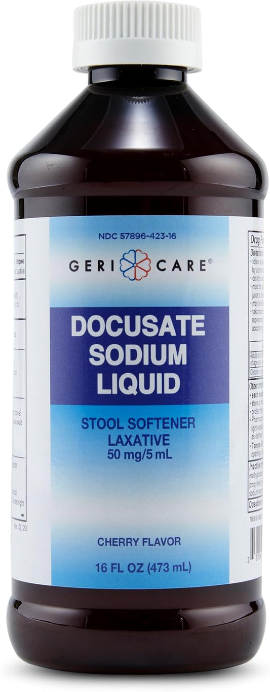 Docusate Sodium Liquid Stool Softener by GeriCare- Gentle Stimulant Laxative Liquid for Men & Women- Quick Constipation Relief Aid- Adults Daily Bowel Movement Laxative- Cherry-Flavored (16 fl oz)