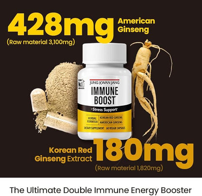 JungKwanJang Immune Boost, Adaptogen Supplement with American and Korean Ginseng Duo for Immunity, Energy, Fights Fatigue, All-Natural, Stress Support for Men and Women Parent (Immune)