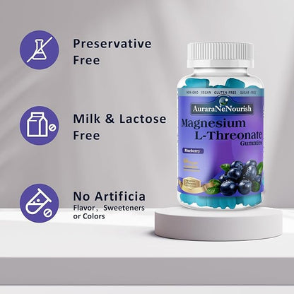 2Pack Magnesium L-Threonate Gummies with Apigenin L-Theanine Cat Claw Ginkgoo Biloba Fiber VIT D3 K2 B6 Coq10, Focus Memory Brain Support, Magnesium Threonate Gummies Sugar Free Keto Vegan - Blueberry