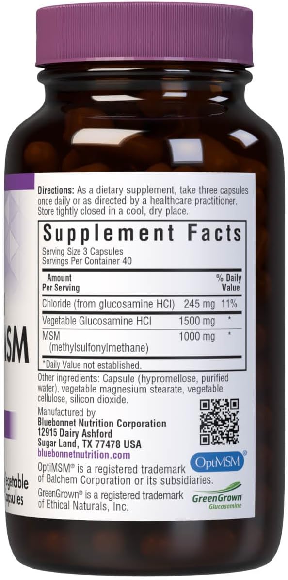 Bluebonnet Vegetarian Glucosamine with MSM Supplement - Shellfish-Free Joint Support Supplement for Women & Men - Vegetable Glucosamine HCI - Vegan, Kosher, Free of Soy, Gluten & Dairy - 120 V Caps