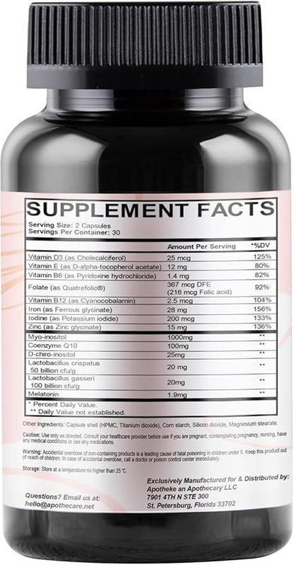 AGNOSITOL Prenatal Vitamin, Vaginal Probiotic with SMART Bacteria, Fertility, Ovulation & PCOS Support, Hormone Balance & Vaginal Health Supplement. Inositol 40:1, Folic Acid, Vitamins D3 B6/1