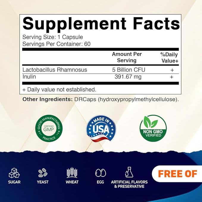 Vitamatic Lactobacillus Rhamnosus 5 Billion per DR Capsule (10 Billion Per 2 Capsules) - 60 Count - Advanced Digestive & Immune Support - Made with Prebiotic Inulin Fiber