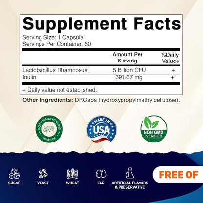 Vitamatic Lactobacillus Rhamnosus 5 Billion per DR Capsule (10 Billion Per 2 Capsules) - 60 Count - Advanced Digestive & Immune Support - Made with Prebiotic Inulin Fiber