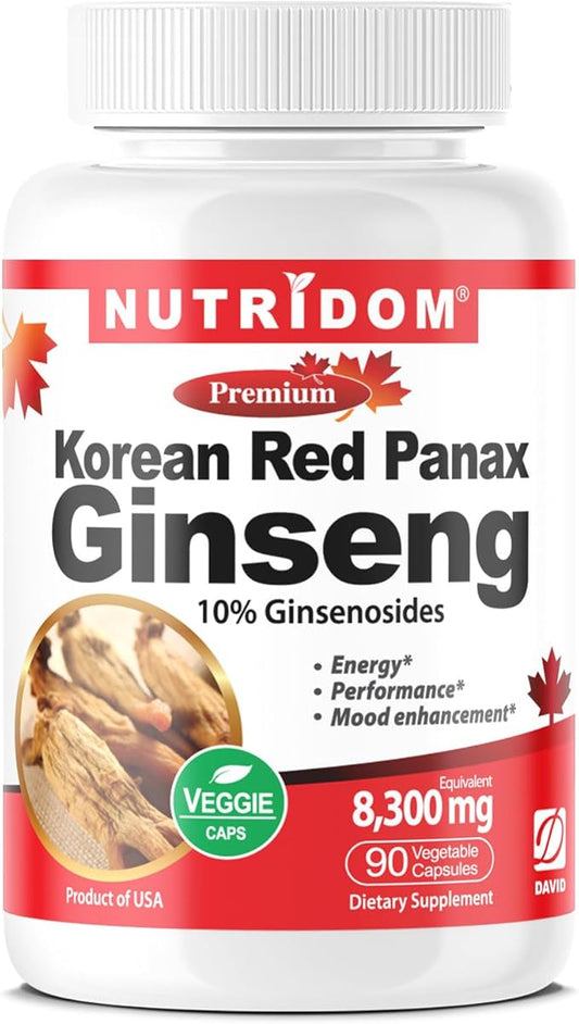Panax Ginseng Korean-Red 8,300mg per Day, 10% Ginsenosides, Non-GMO, Vegan, Gluten-Free, Soy-Free, and Dairy-Free, 90 Veggie Capsules