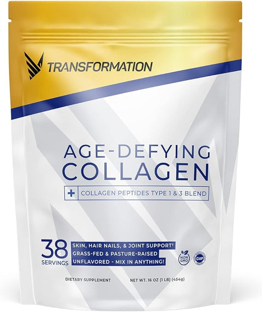 Transformation Grass-Fed Hydrolyzed Collagen Peptides Powder | Multi Types 1 & 3 | Pure Bovine | Keto Friendly | Supports Hair, Skin, Nails | 16oz Unflavored Supplement