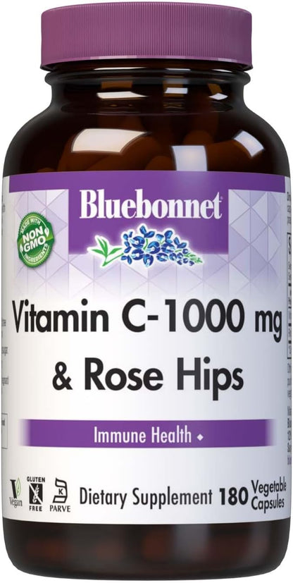 Bluebonnet Vitamin C 1000 mg Plus Rosehips Vegetable Capsules, 180 Count (743715005754)