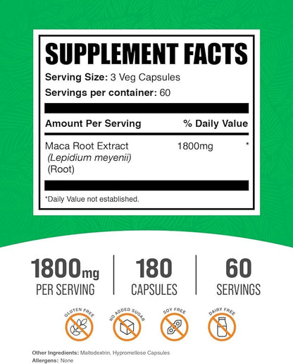 BulkSupplements.com Maca Root Capsules - Maca Supplement, Herbal Supplement, Superfood Supplement - Vegan & Gluten Free, 3 Veg Capsules per Serving, 180 Count (Pack of 1)