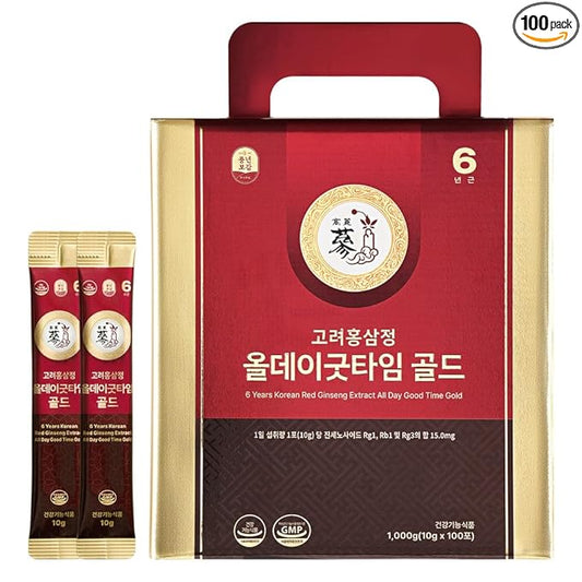 PNBG 6-Year Korean Red Ginseng Extract Shot, [Allday Goodtime Gold] - 15mg Ginsenosides Per Packet, HACCP Certified, Made in Korea, Vitality & Immune Support, Formulated with 12+ Traditional Korean Herbal Ingredients (10g x 100 Packets)