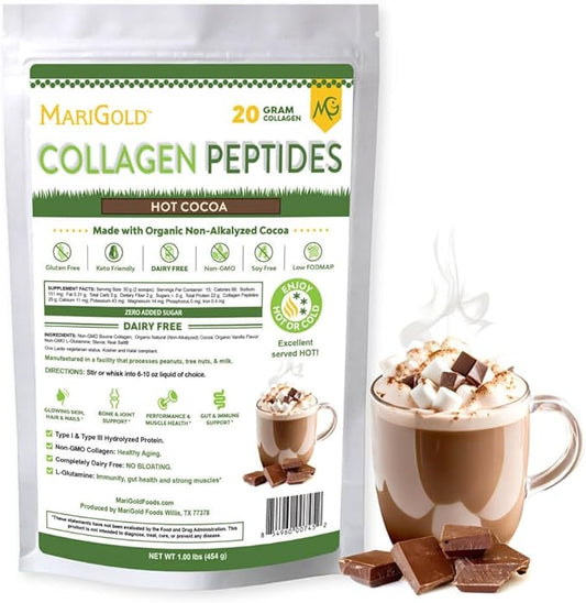MariGold Grass-fed Collagen Peptides Powder Hot Cocoa 1LB - 100% Pure, Type I & III Bovine Hydrolyzed Collagen, Non-GMO, Hormone Free, Soy Free, Gluten Free, Dairy Free, Keto-Friendly