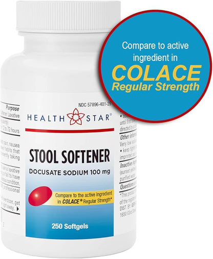 GeriCare Docusate Sodium Stool Softener - 100mg Gentle Stimulant Laxative Softgels for Men & Women- Constipation Relief - Adults Daily Bowel Movement Laxative, 250 Count